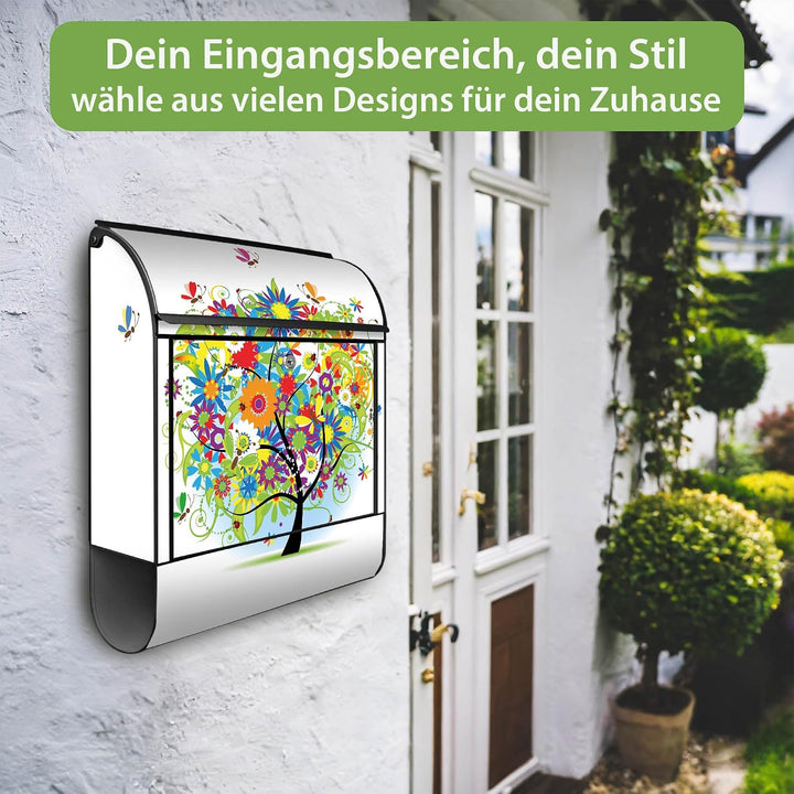 banjado® Design Briefkasten mit Motiv Märchenzauberbaum 39x47x14cm &amp; 2 Schlüssel - Briefkasten Stahl