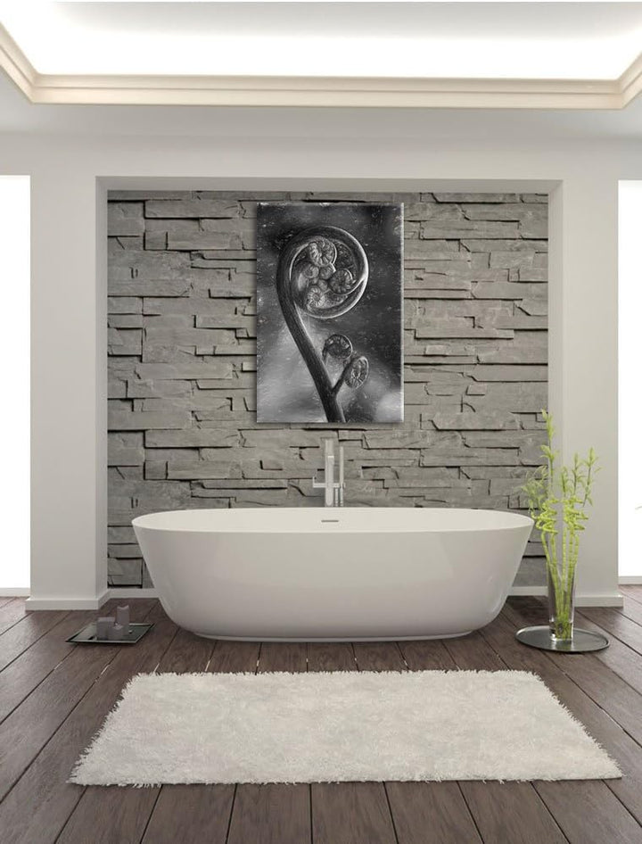 Pixxprint Blatt von Einer Farne im Wald / 100x70cm Leinwandbild bespannt auf Holzrahmen/Wandbild Kun