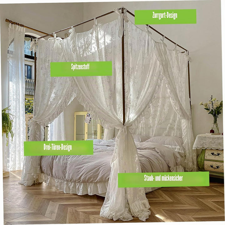 Himmelbett-Vorhänge, dreifach zu öffnender Spitzen-Prinzessinnen-Betthimmel, 4 Eckpfosten-Hängevorhä
