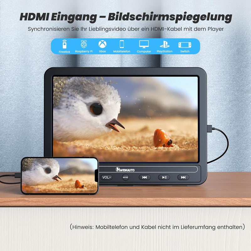 NAVISKAUTO Auto DVD Player 2 Bildschirme 10,5 " Mit 5 Stunden Akku HDMI IN Tragbarer Fernseher DVD-P