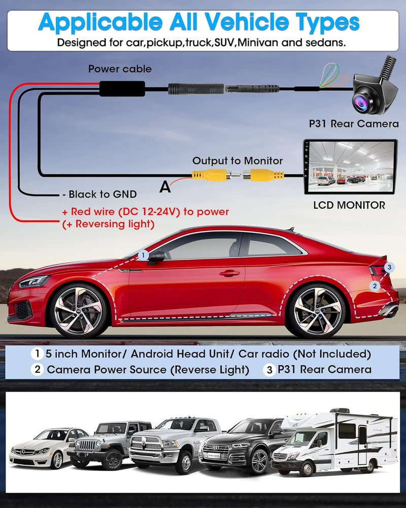 AHD 1080P Rückfahrkamera Auto Rückfahrkamera mit 360°+45° Einstellbares Objektiv Kabel Rückfahrkamer