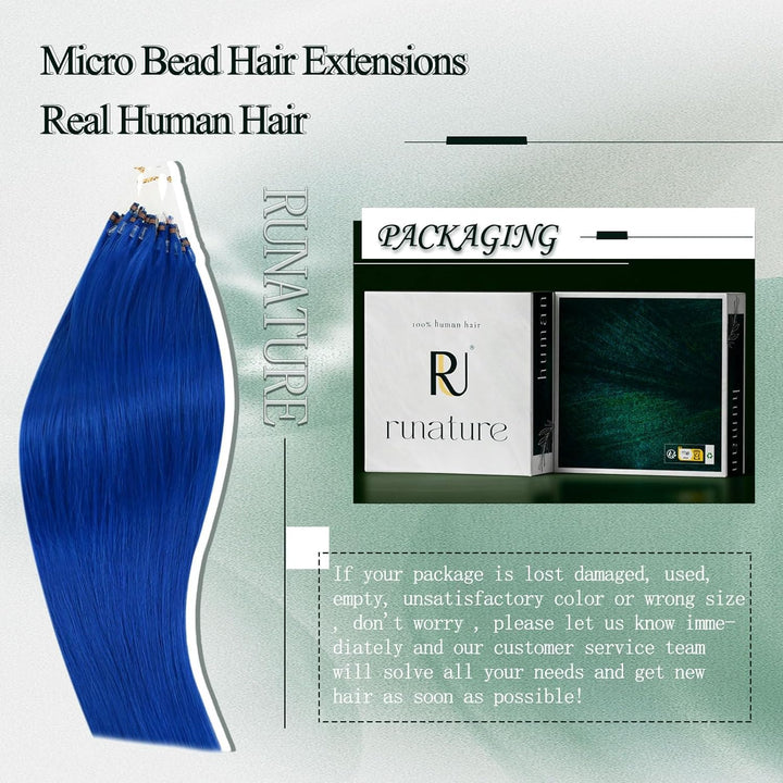 RUNATURE Microring Extensions Echthaar Blau 40cm Remy Glatt Bunt Haarverlangerung 25g #Blau 40CM 2-M
