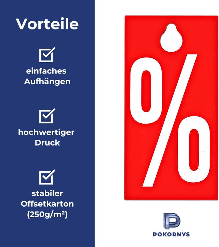 POKORNYS – 100 rote Aktionsetiketten (95 x 115 mm) "%" mit Loch I Kleiderbügelhänger I Sale Etikette