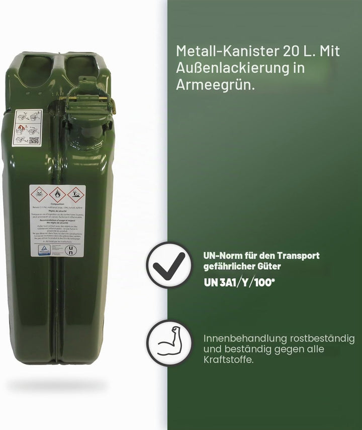 Kanister 20 l – Kanister Metall – Verriegelung mit Stift – Behandlung innen rostfrei – Norm UN Trans