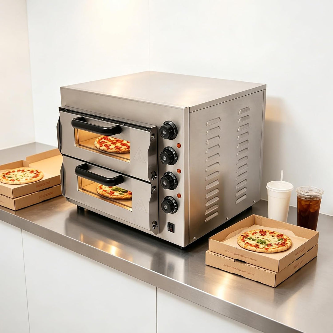 Doppeldecker Pizzaofen 3000W 2 Etagen, 50-350°C Temperaturregelbar, 20L Pro Ebene, Timer 1-60 Min, F