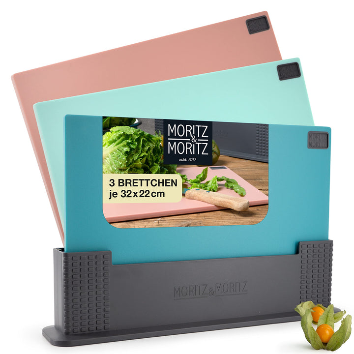 Moritz & Moritz 3x Schneidebrett Kunststoff Set - 32 x 22 cm - Im praktischen Ständer – Küchenbrett