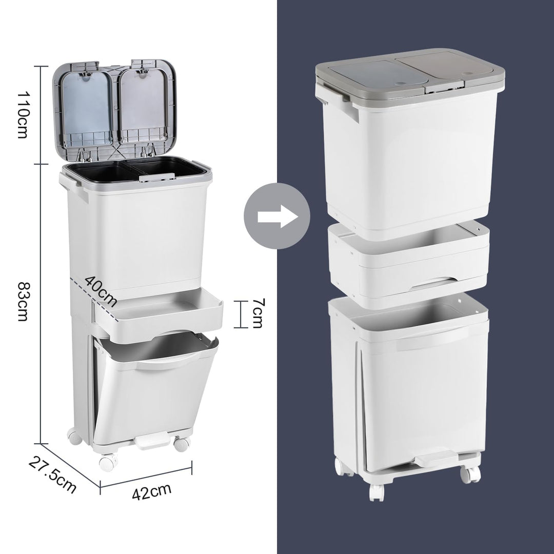 Mülleimer Küche 3 Fächer, 42L Trocken und Nasstrennung Abfalleimer Küche mit Deckel, Tretmülleimer m