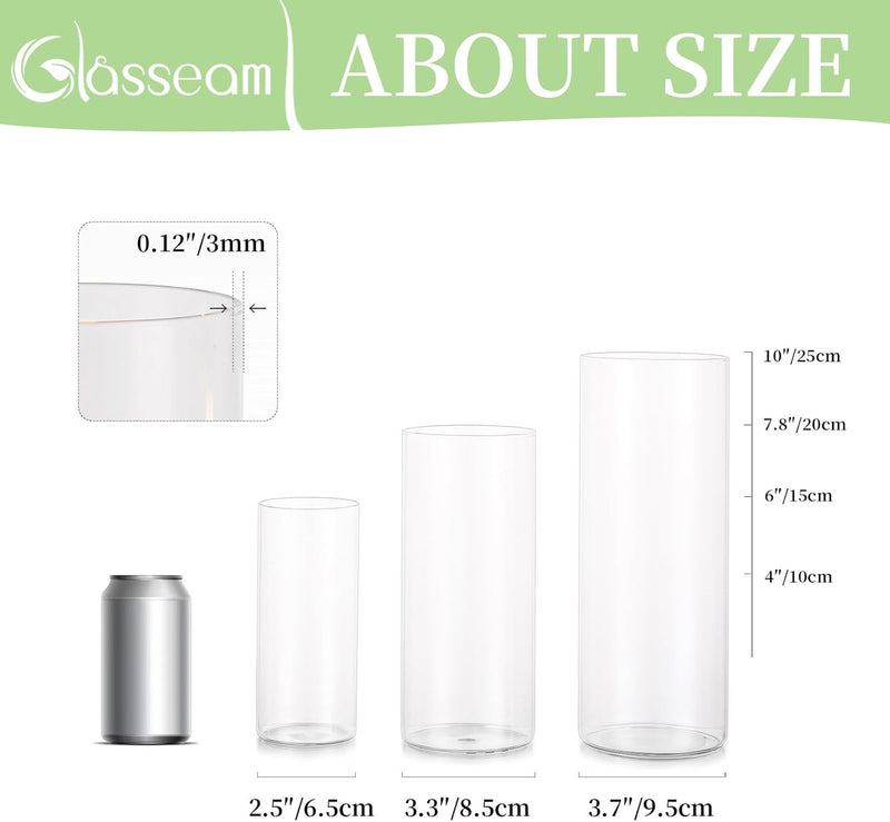 Glasseam Deko Vase Glas Zylinder Tischdeko 3 Stück/Satz Blumen Vasen Set Modern Glasvase Rund Glaszy