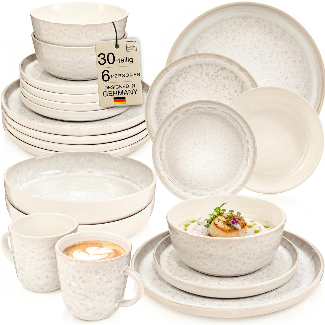 SÄNGER Key West | Steingut Geschirr Set 30 tlg, Teller Set 6 Personen, 6x Speise- Dessertteller, Müs