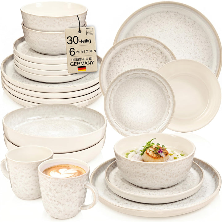 SÄNGER Key West | Steingut Geschirr Set 30 tlg, Teller Set 6 Personen, 6x Speise- Dessertteller, Müs