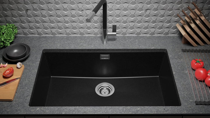 PRIMAGRAN Unterbauspüle Granit Schwarz 76x47cm, Spülbecken 1 Becken + Küchenarmatur 40x20cm + Ablauf