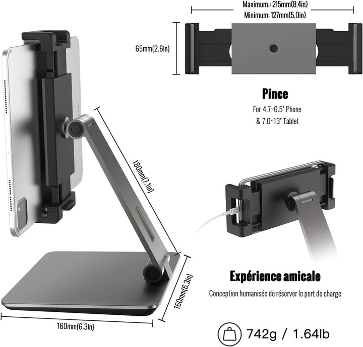 Tablet-Halterung, verstellbare Halterung aus Aluminium, hohe Festigkeit, 360 ° drehbar, geeignet für