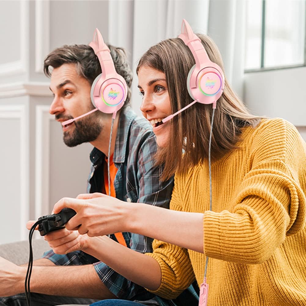 Gaming-Headset Pink, Niedliches Katzenohr-Headset, 7.1-Surround-Sound-Gaming-Headset Mit Einstellbar