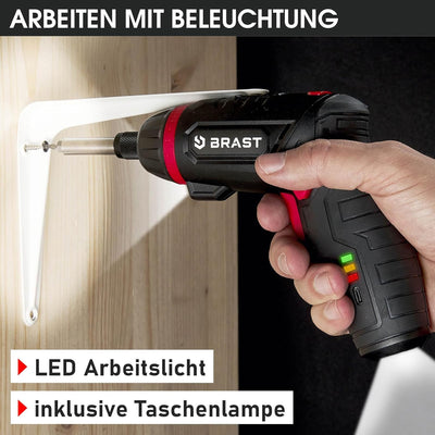 BRAST® Akkuschrauber Akku Bohrschrauber | 4,0V / 2Ah Li-Ion-Akku | 54 Chrom-Vanadium-Bits | schwenkb