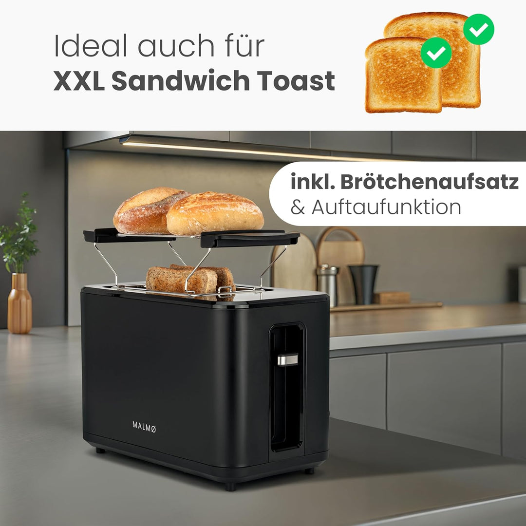 MALMØ Toaster - 900 Watt mit digitalem Timer - Toaster 2 Scheiben - mit Brötchenaufsatz - matt schwa