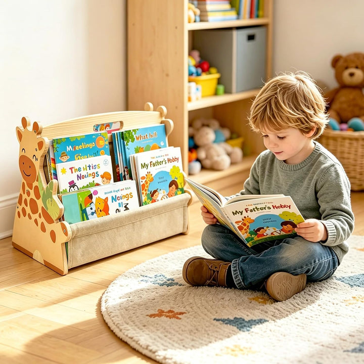 Bücherregal Kinder, doppelseitiges Holzregal mit robusten Canvas-Taschen, Montessori Bücherregal Kin