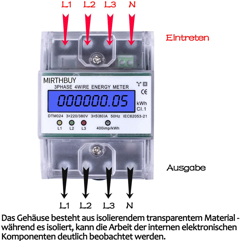 MIRTHBUY Digitaler Stromzähler mit LCD, 3-Phasen 4-Draht, Geeicht Stromzähler,Wechselstromzähler, Dr