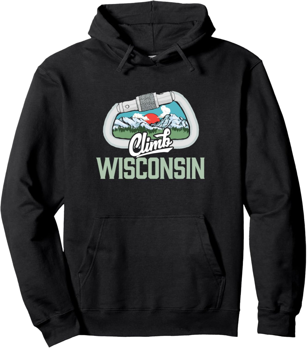 Climb Wisconsin Retro Rock Climbing Vintage Carabiner Pullover Hoodie