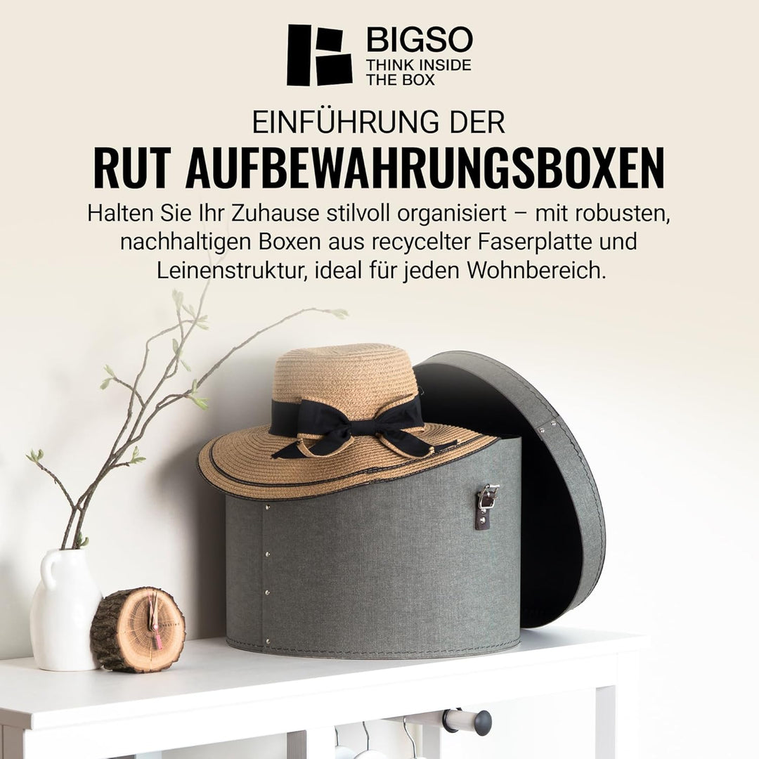 BIGSO RUT 2er-Set Aufbewahrungsbox mit Deckel – runde Ordnungsbox mit Lederriemen – grosse und klein