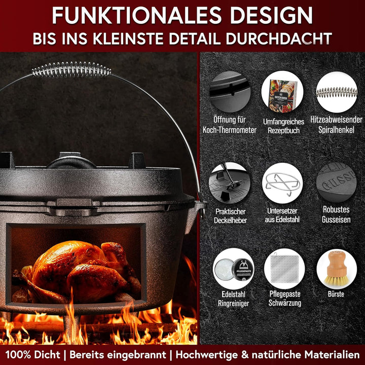 Dutch Oven Set 4,5 Liter [für 2-4 Person] – Eingebrannter Feuertopf ohne Füsse+praktischem Deckelheb