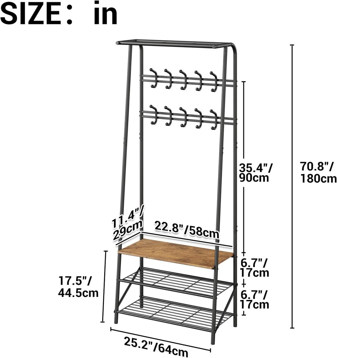 GarveeHome Garderobenständer, 4-in-1 Kleiderständer mit Schuhablagen und 10 Abnehmbare Haken, 64x29x