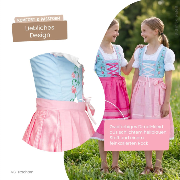 Kinder Dirndl Kinderdirndl Trachtenkleid Elise rosa hellblau pastell 3 teilig 116 Hellrosa, 116 Hell