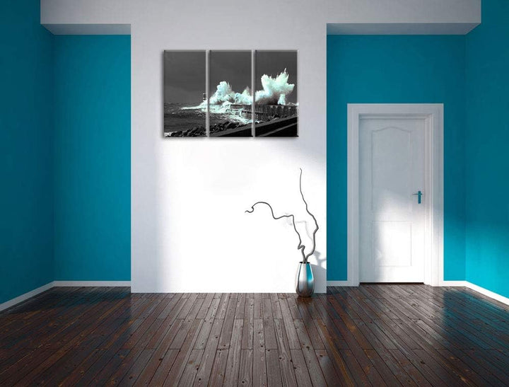 unruhiges Meer und hohe Wellen schwarz/weiss 3-Teiler Leinwandbild 120x80 Bild auf Leinwand, XXL rie