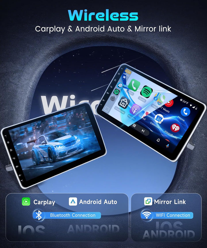 Rimoody 4G+64G 10 Zoll Android Autoradio 1 Din mit Bildschirm Drehen Wireless Carplay Android Auto N