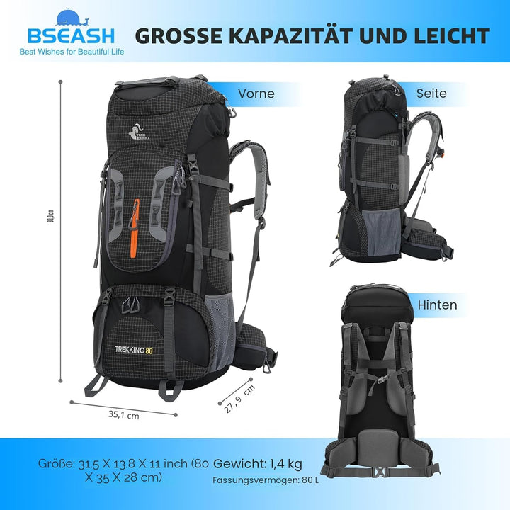 Bseash 80L Wasserdichter Wanderrucksack mit Regenschutz, leichter Outdoor-Sport, Reisen, Tagesrucksa