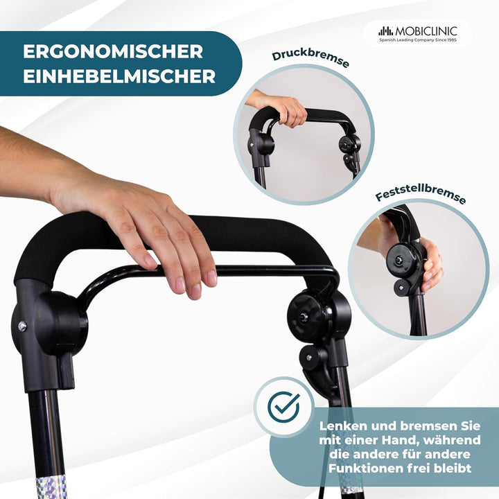 Mobiclinic®, Einkaufswagen mit Sitz, Faltbarer Rollator für Erwachsene, 21 L, Rückenlehne, 4 Räder,
