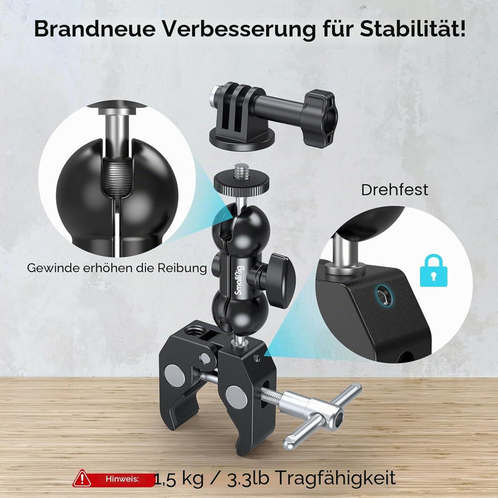 SMALLRIG Upgrade Mini Magic Arm, Kleiner Kugelkopf-Zauberarm mit Klemme, Super Klemme mit rutschfest