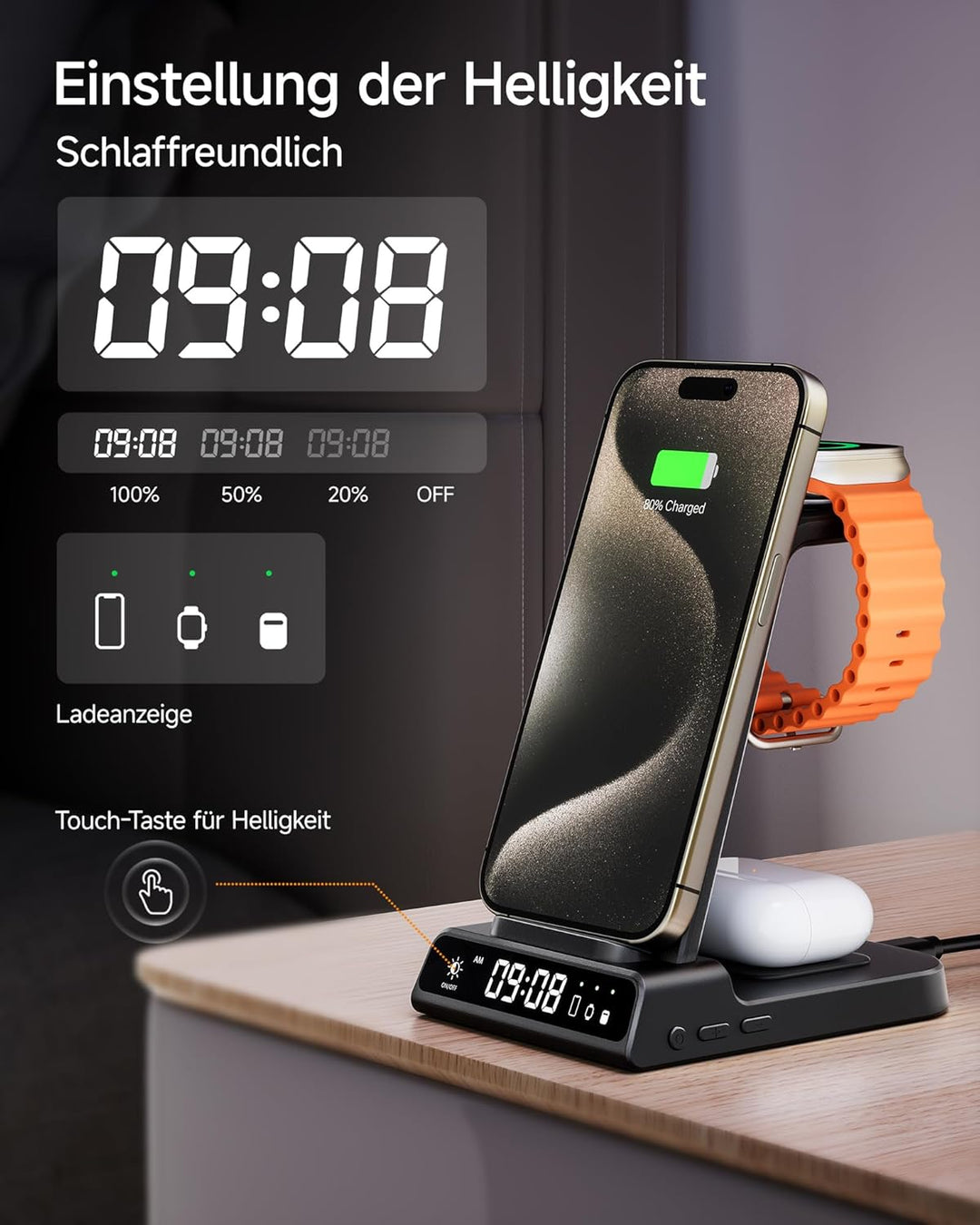 Kabellose Ladestation für Apple, 3 in 1 Kabellose Ladestation mit Digitaluhr, für iPhone 15/14/13/12