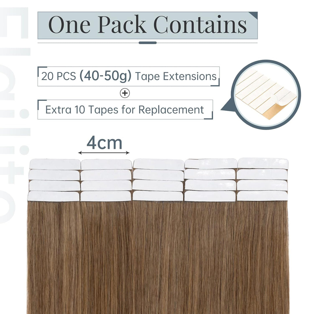 Elailite Echthaar Extensions Tape Braun, 20 stück Mini Tape Invisible Kleber, 35cm Haarverlängerung
