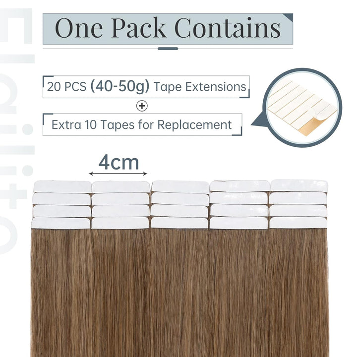Elailite Echthaar Extensions Tape Braun, 20 stück Mini Tape Invisible Kleber, 35cm Haarverlängerung