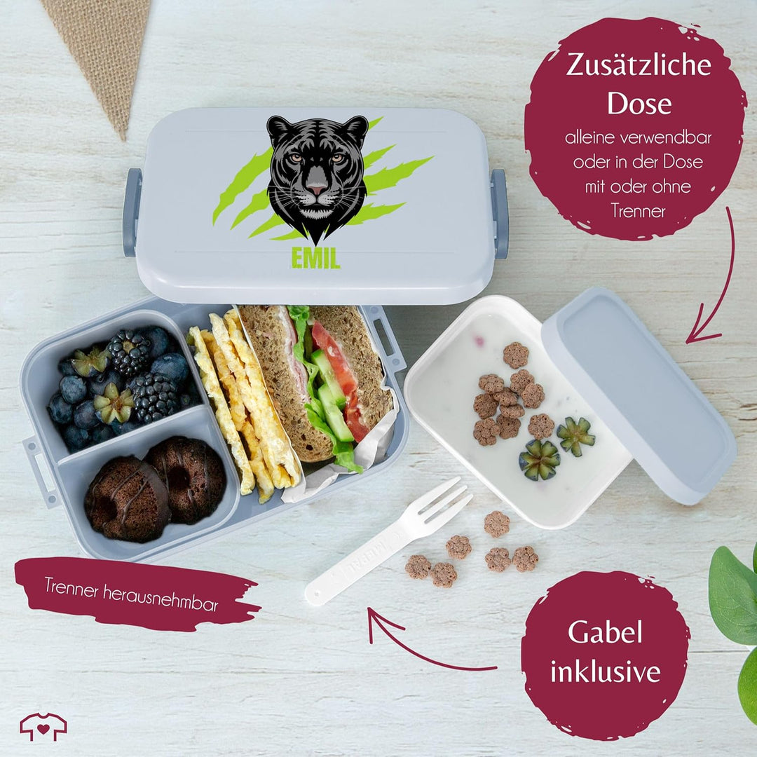Kinder Bento Box Midi Lunchbox für Mepal Bentobox - Einschulung Geschenk Brotbox Panther mit Name pe