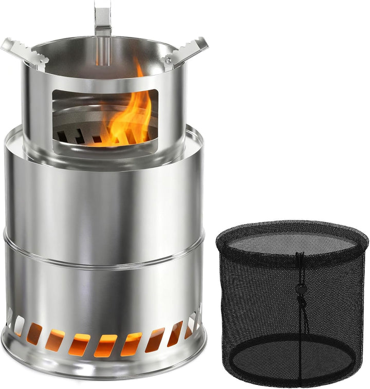 Holzofen Campingkocher aus Edelstahl, Hobo Kocher mit rutschfestem Topfständer für Pfannen, Töpfe &