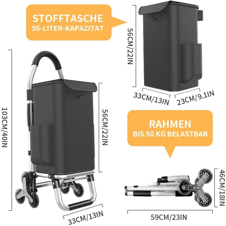 Einkaufstrolley Klappbar mit 56L Kapazität und Belastbar bis 50kg, 2 in 1 Multifunktions Mutige Alum
