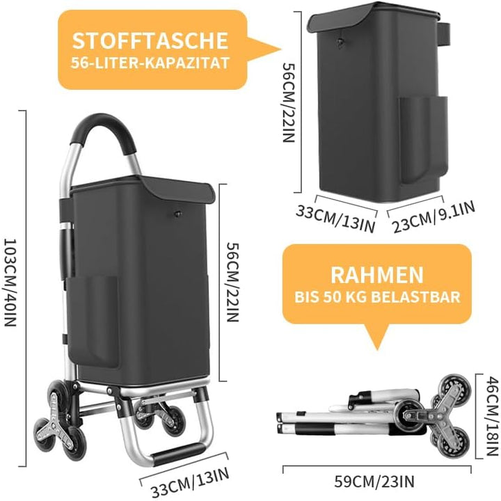 Einkaufstrolley Klappbar mit 56L Kapazität und Belastbar bis 50kg, 2 in 1 Multifunktions Mutige Alum