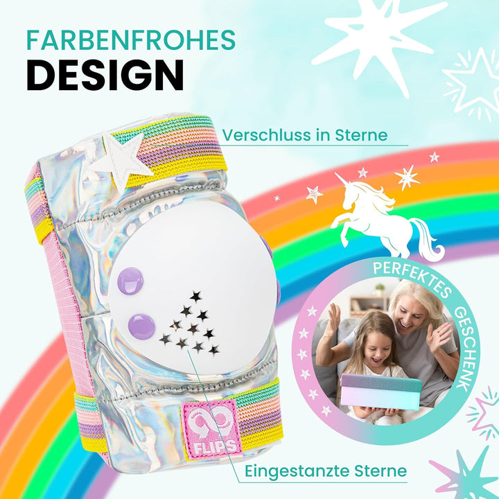 99FLIPS Inliner Schoner Kinder Set - TÜV Rheinland GS Zertifiziert [6er Set] mit Einhorn Beutel für