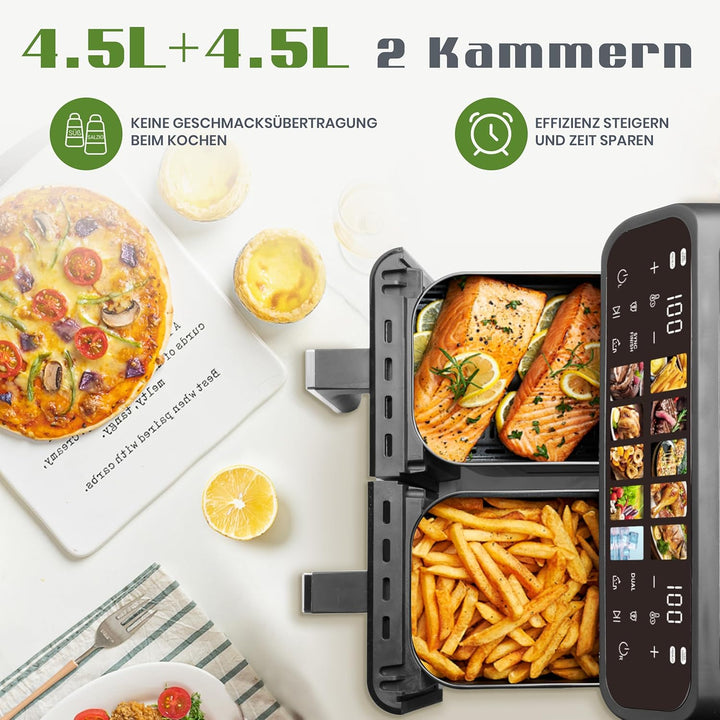 Heissluftfritteuse 2000W mit zwei Kammern 9L, Airfryer mit 10 Programme und LED-Touchscreen, Frittie