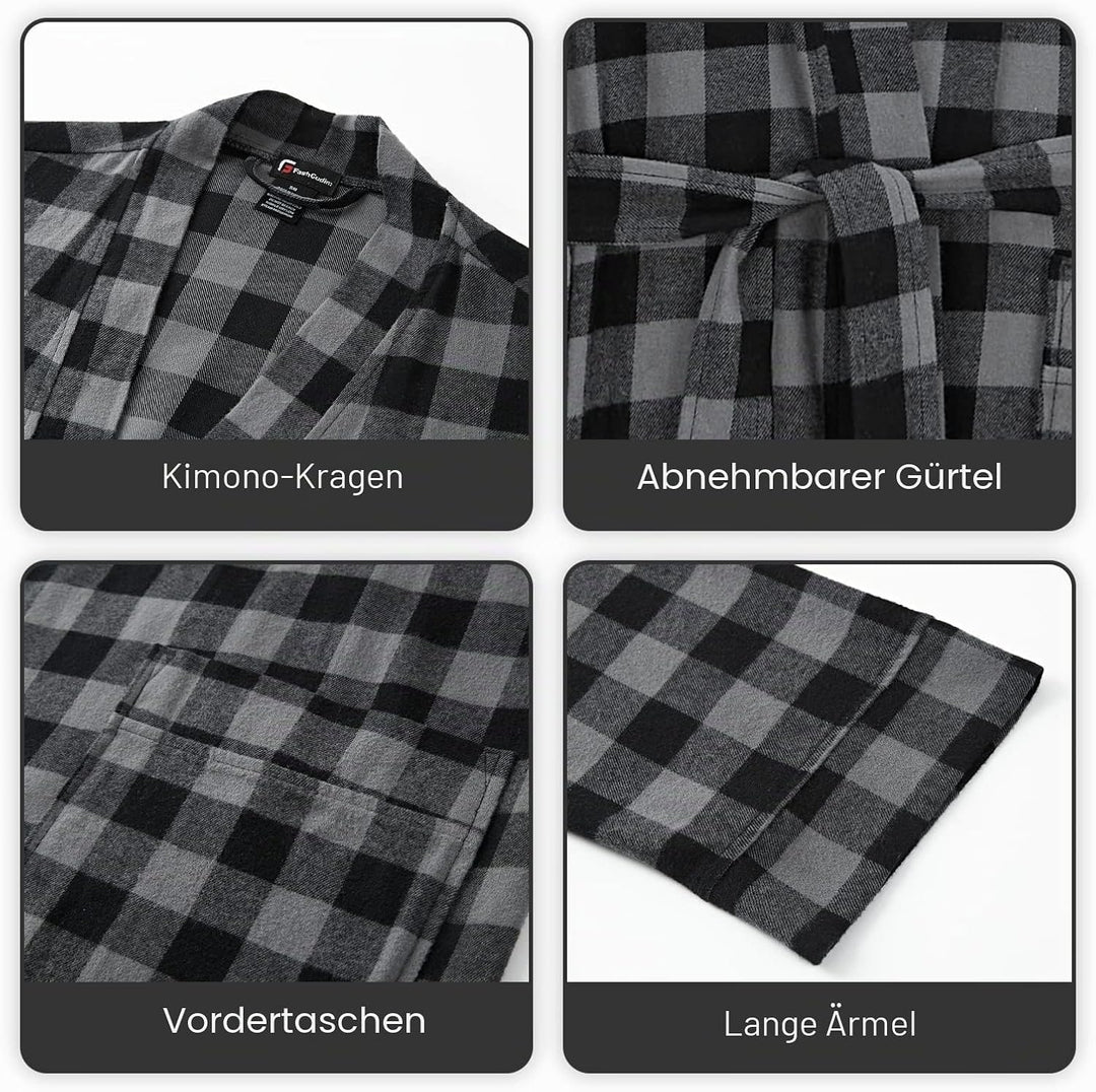 FashGudim Bademantel Herren 100% Baumwolle Lang Kariert Herren Morgenmantel Leicht Sommer XL Schwarz