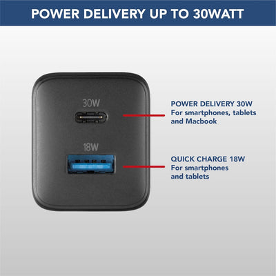 Cellularline | Multipower Micro Netzladegerät | Super Fast Charger 30W mit 2 USB-C-Anschlüssen - aus