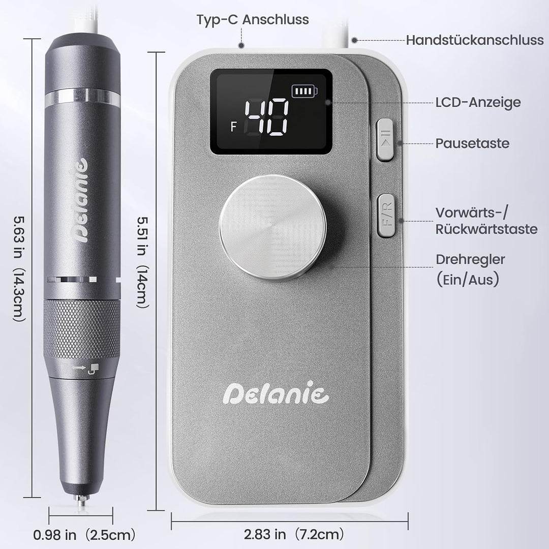 Delanie elektrischer Nagelfräser 40000 U/min für Gelnägel Acrylnägel, Grau, Grau