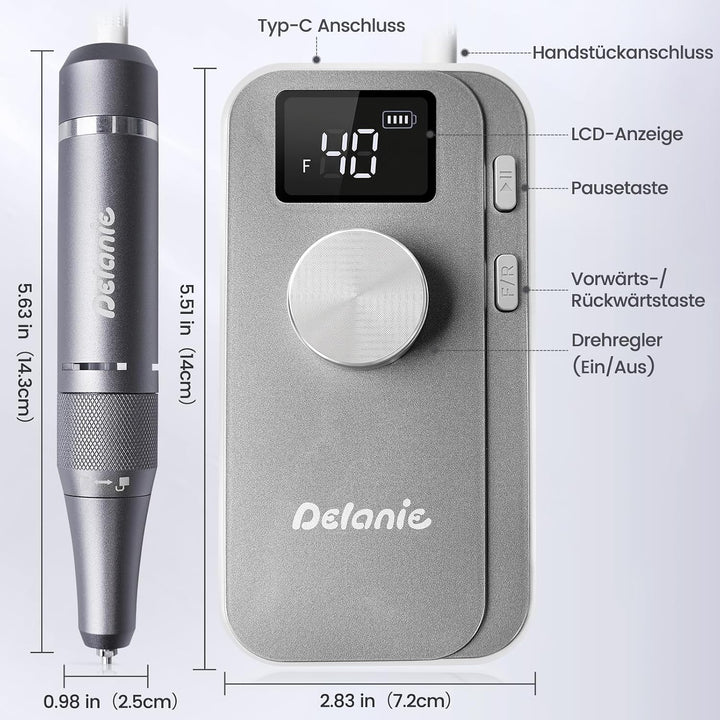 Delanie elektrischer Nagelfräser 40000 U/min für Gelnägel Acrylnägel, Grau, Grau