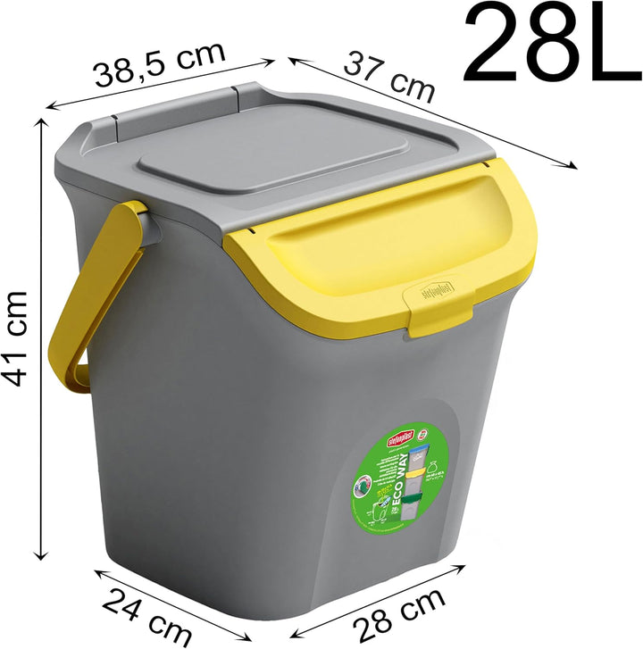 Hummelladen Stapelbarer Müllsortierer 28 Liter Grau mit Gelbem Faltdeckel 39x37x41 cm Mülleimer Müll