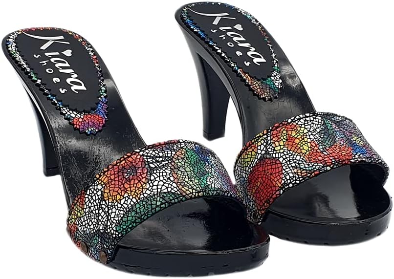 Kiara Shoes SCHWARZE Holzschuhe mit verziertem Lederobermaterial - 9 cm Absatz - K6503 PIC NERO (40