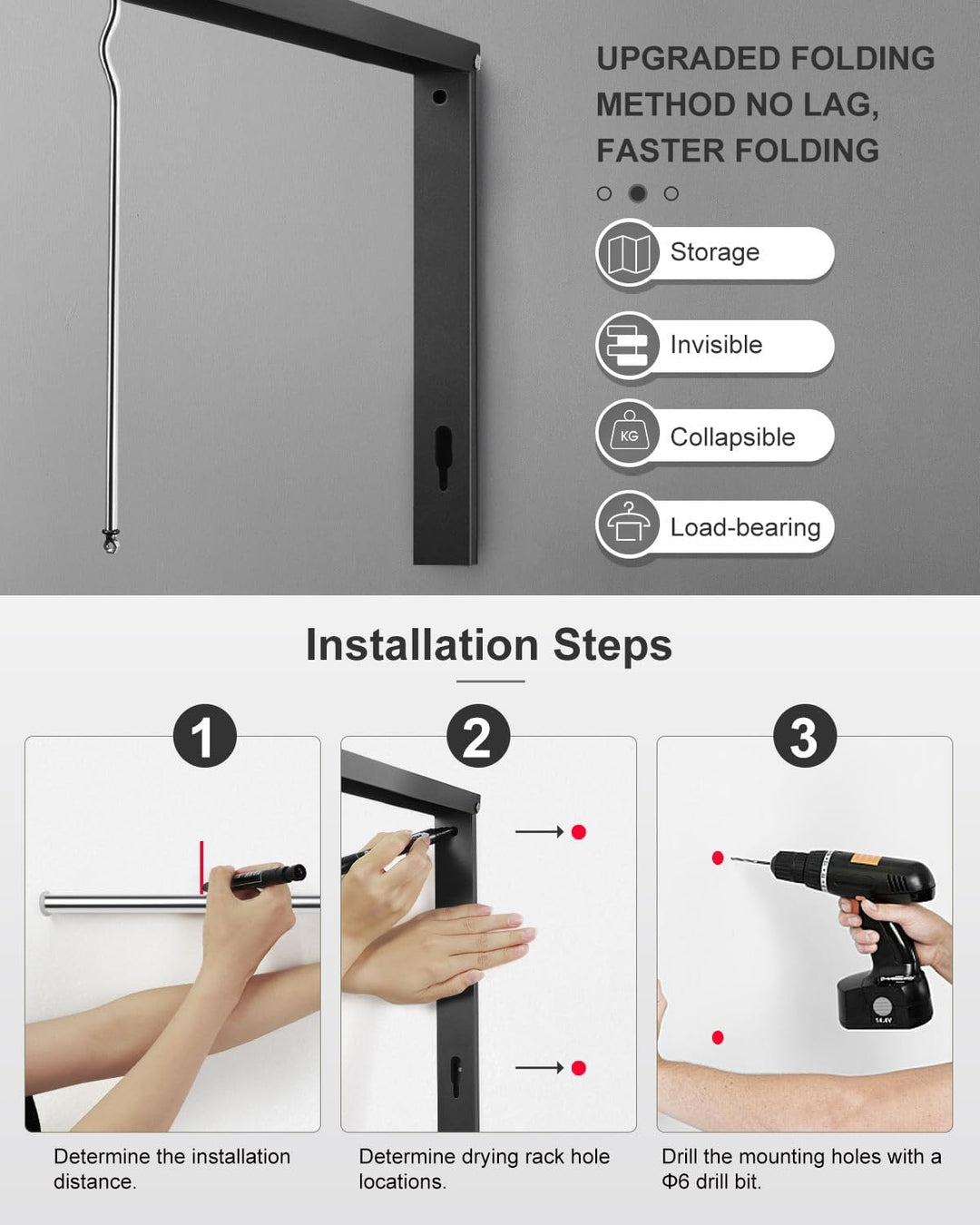 LIVEHITOP Kleiderhaken Wand, Kleiderstange Wandmontage Aluminum Stabilisieren Kleiderlüfter Klappbar