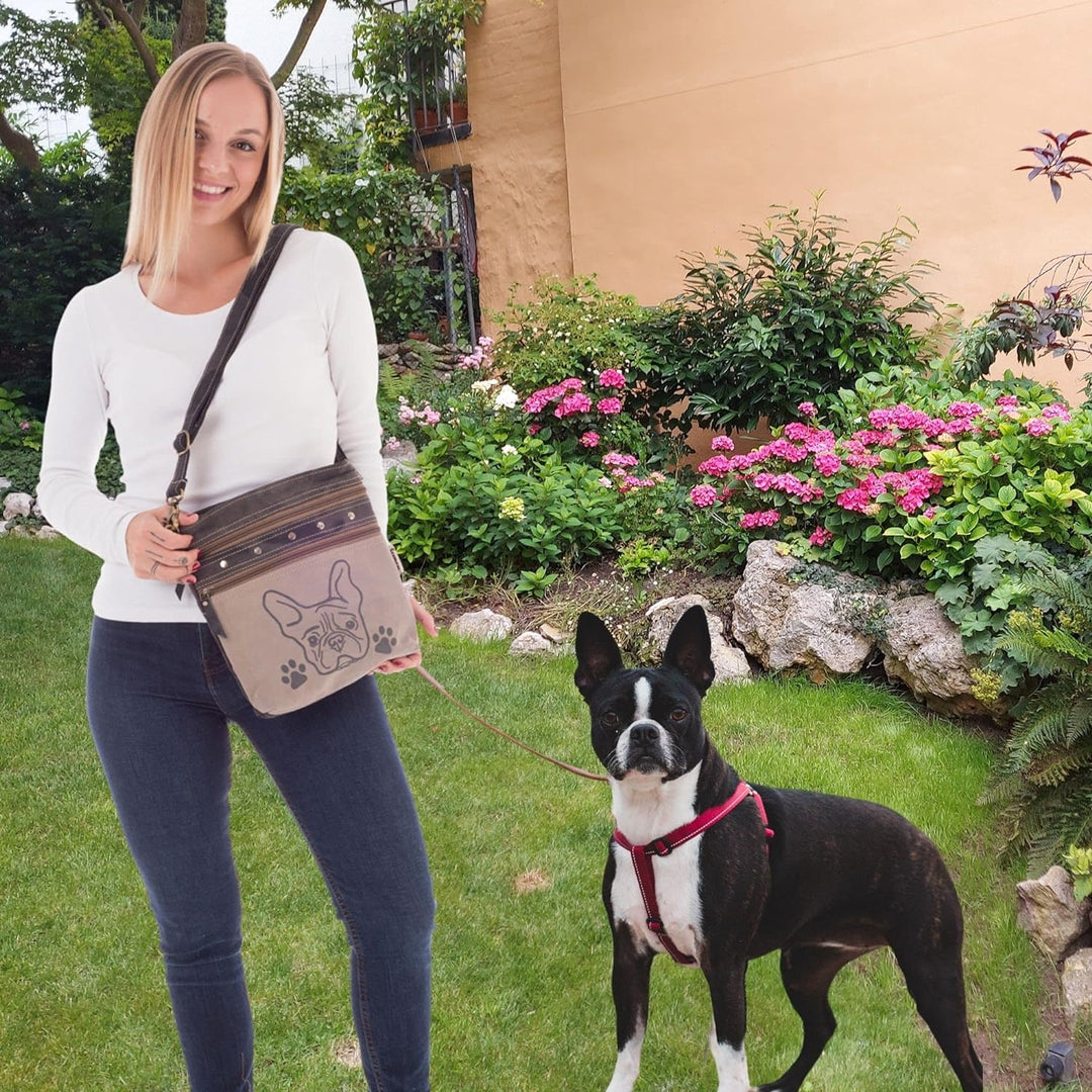 Sunsa Damen graue Umhängetasche. Canvas &amp; Leder Tasche. Kleine Damentaschen in Vintage still. Hunde