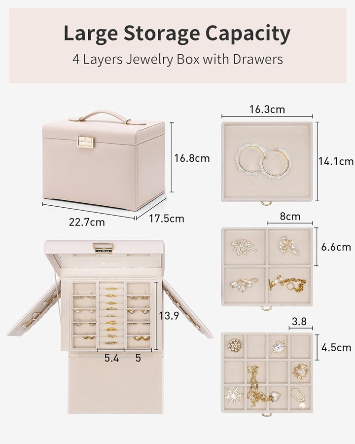 Vlando Schmuckkasten Schmuckbox mit 4 Ebenen, Schmuckschatulle PU Leder, Schmuckbox mit Spiegel und