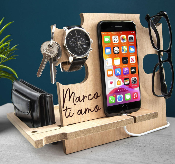 Dockingstation aus Holz, Schreibtischorganisator, Aufbewahrungshalter - Geschenkidee für Männer, Wei